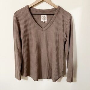 Chaser Womens Tan Waffle Knit Long Sleeve Shirt Size Small